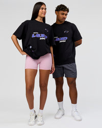 Duo wearing League Heavyweight FLXCotton Oversized Tee - Black-Power Cobalt | Model:Xav | Size:L | Model:Rhiley | Size:XS