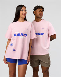 Duo wearing League Heavyweight FLXCotton Oversized Tee - Marshmallow-Power Cobalt | Model:Xav | Size:L | Model:Rhiley | Size:XS