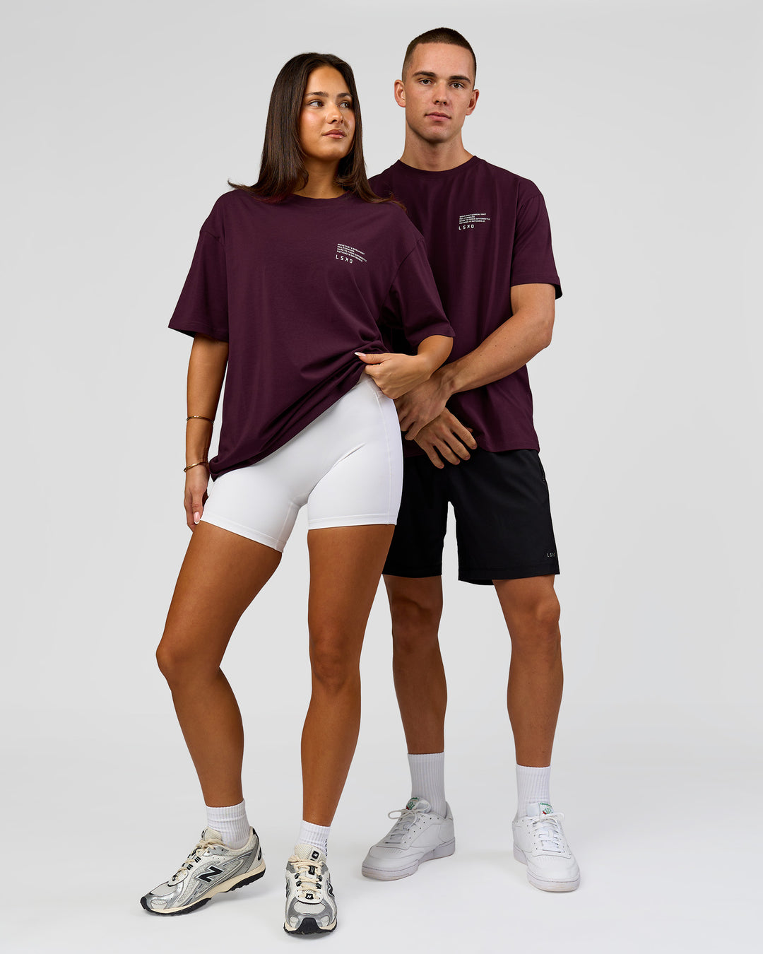 Duo wearing Coffee Run FLXCotton Oversized Tee - Cherry Lacquer-Black | Model:Albert | Size:M | Model:Bianca | Size:XS - view 7