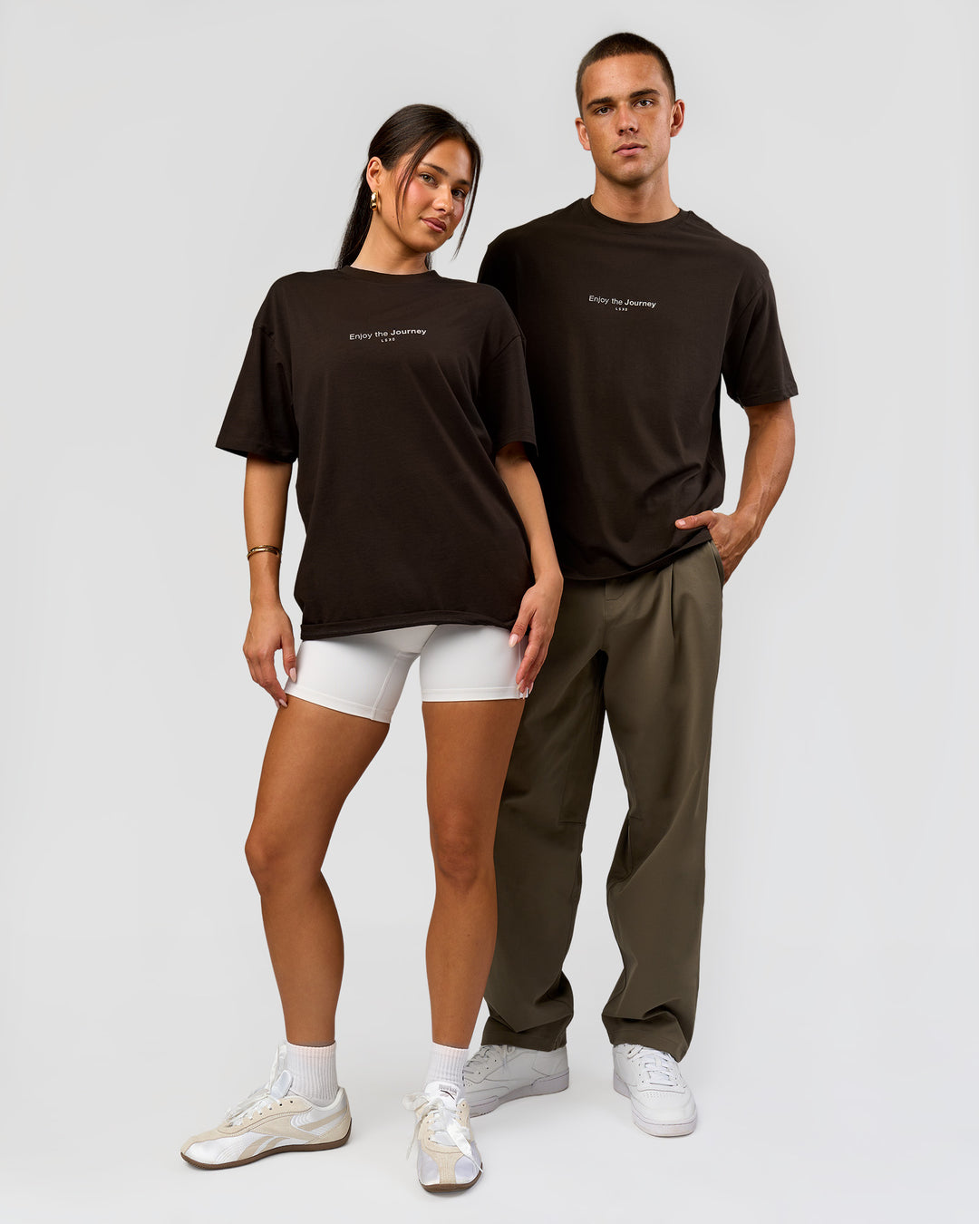 Duo wearing VS1 Enjoy The Journey FLXCotton Oversize Tee - Ground Coffee | Model:Albert | Size:M | Model:Bianca | Size:XS - view 5