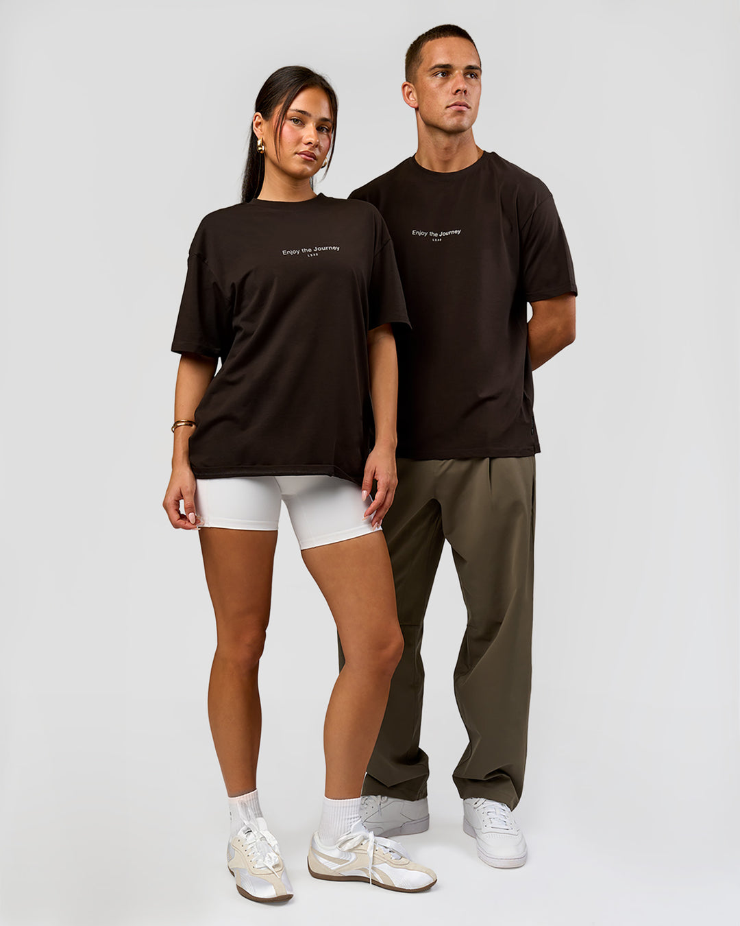 Duo wearing VS1 Enjoy The Journey FLXCotton Oversize Tee - Ground Coffee | Model:Albert | Size:M | Model:Bianca | Size:XS - view 8