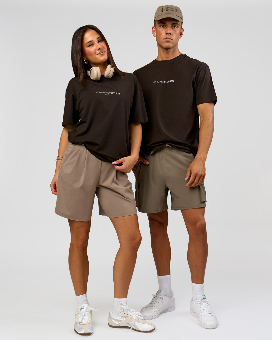 Duo wearing VS6 1% Better FLXCotton Oversize Tee - Ground Coffee | Model:Albert | Size:M | Model:Bianca | Size:XS - view 8