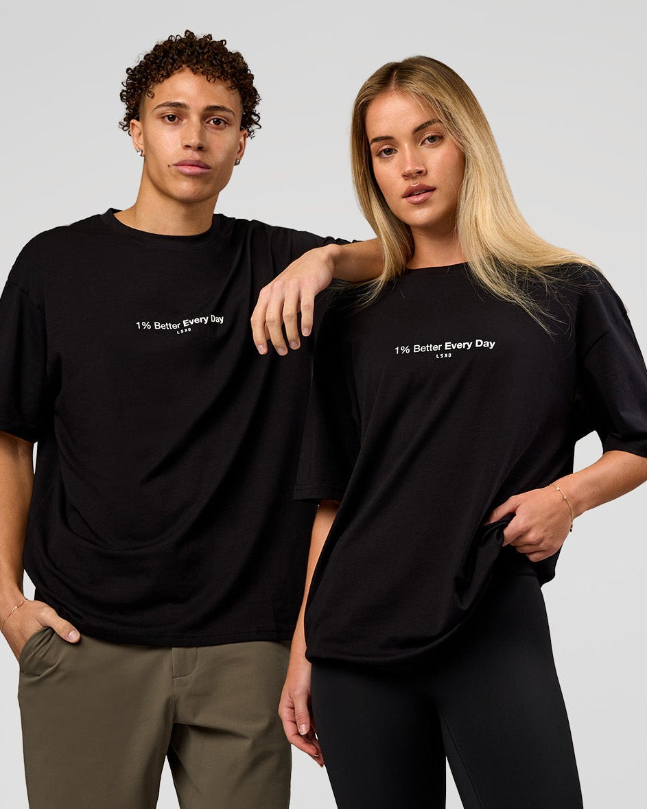 Duo wearing VS6 1% Better FLXCotton Oversize Tee - Black | Model:Leandro | Size:M | Model:Issy | Size:XS