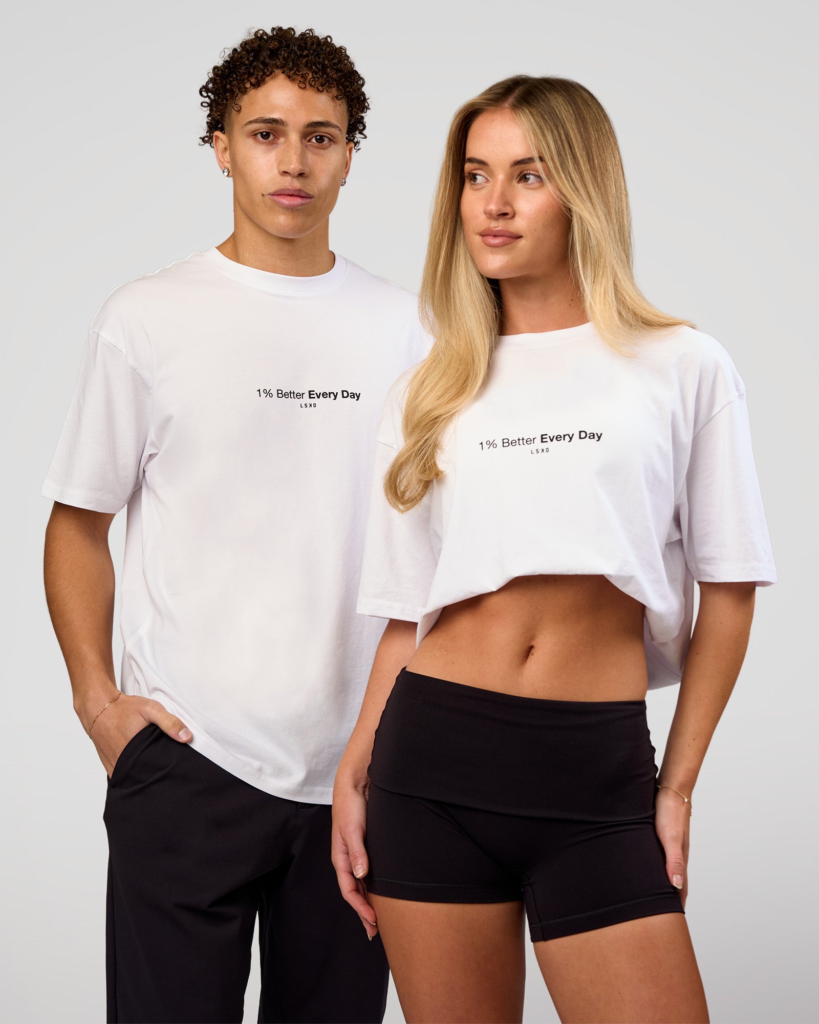 Duo wearing VS6 1% Better FLXCotton Oversize Tee - White | Model:Leandro | Size:M | Model:Issy | Size:XS