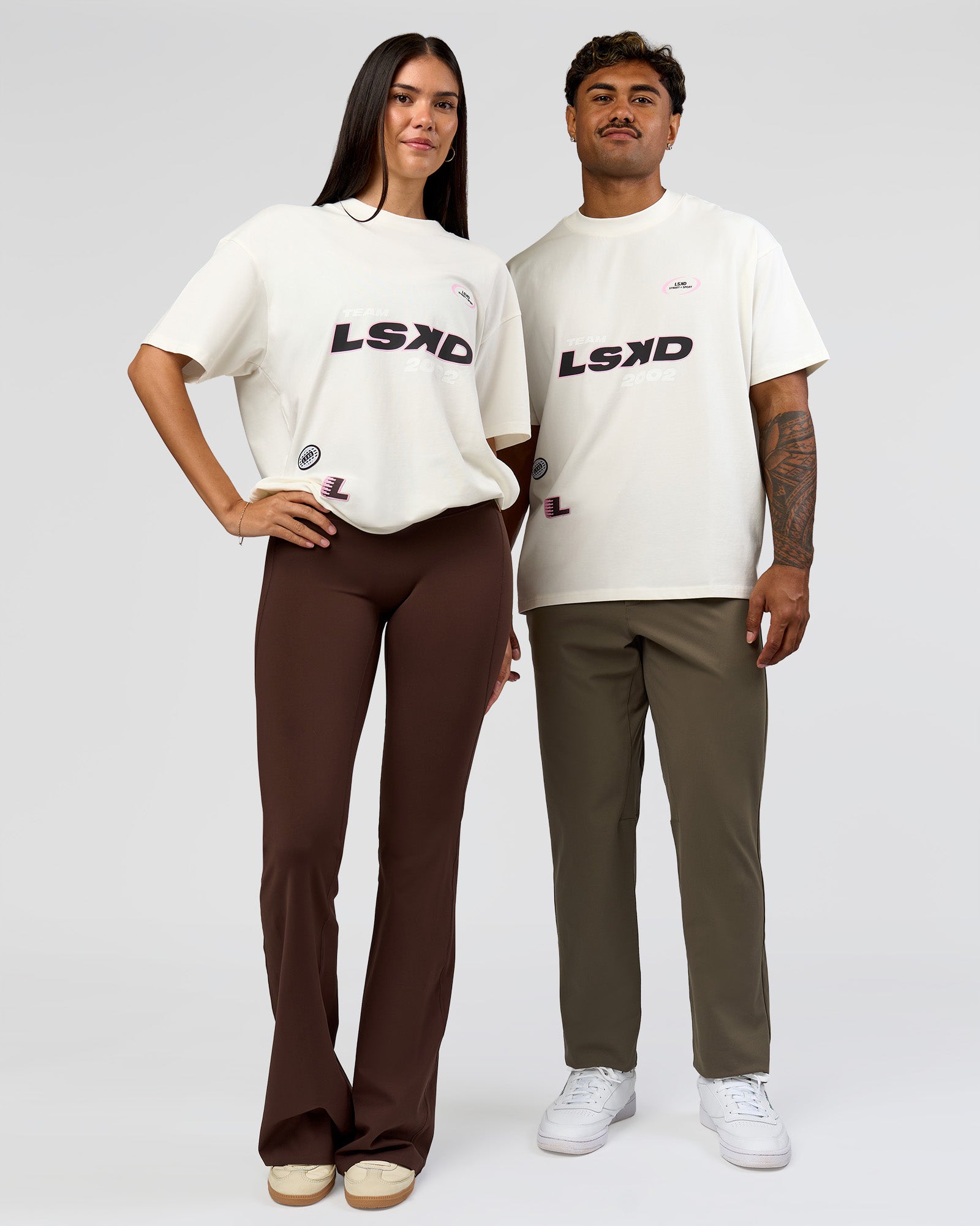 Duo wearing League Heavyweight FLXCotton Oversized Tee - Off White-Ground Coffee | Model:Xs | Size:L | Model:League | Size:RHILEY