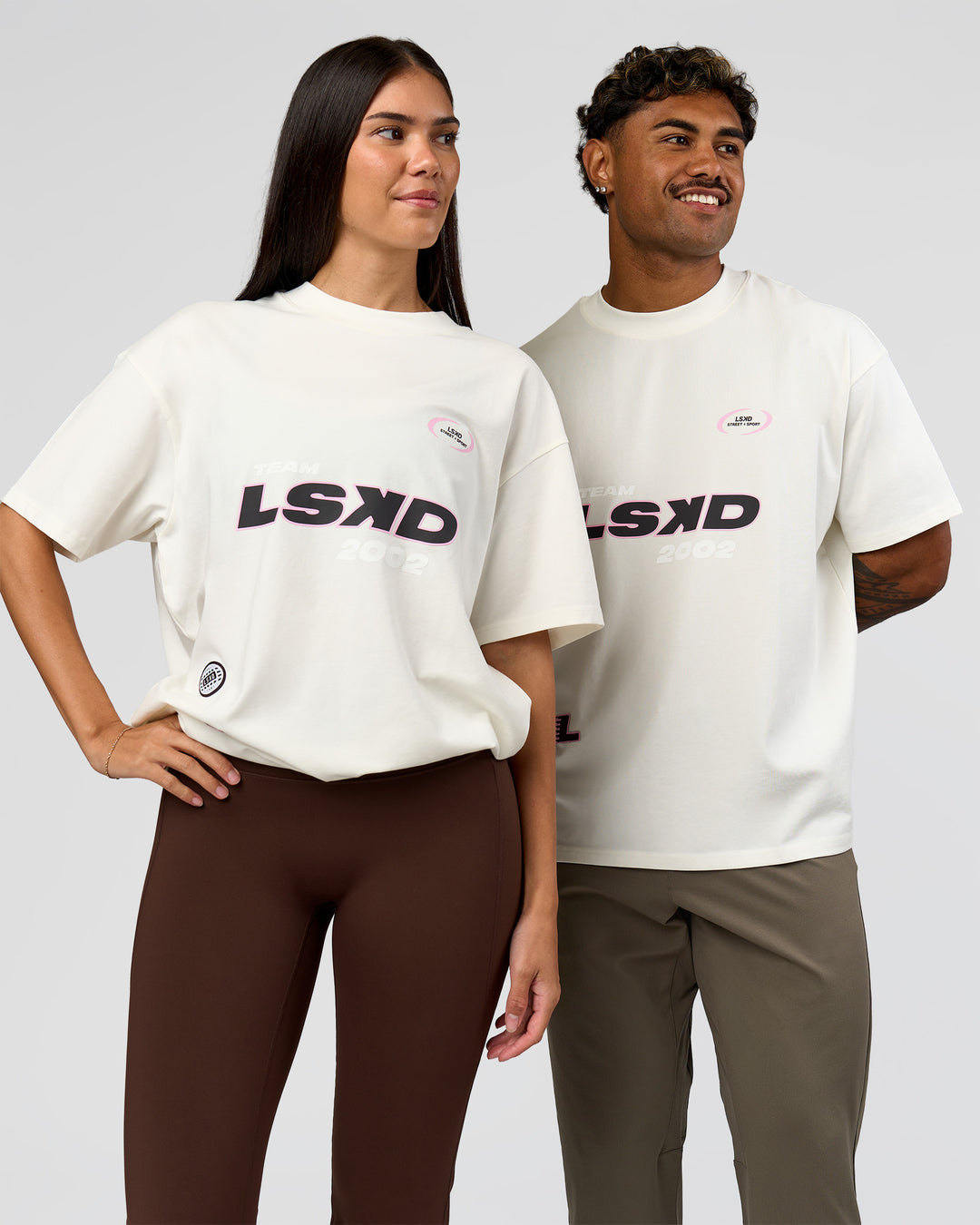 Duo wearing League Heavyweight FLXCotton Oversized Tee - Off White-Ground Coffee | Model:Xs | Size:L | Model:League | Size:RHILEY