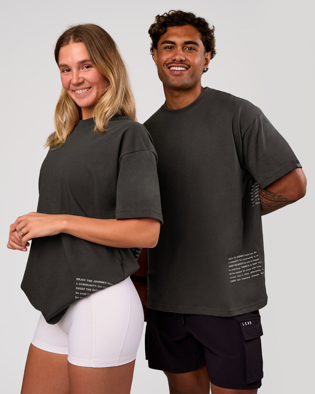 Duo wearing Block Heavyweight Oversized Tee  - Onyx-Alloy | Model:Amity | Size:S | Model:Xav | Size:L - view 1