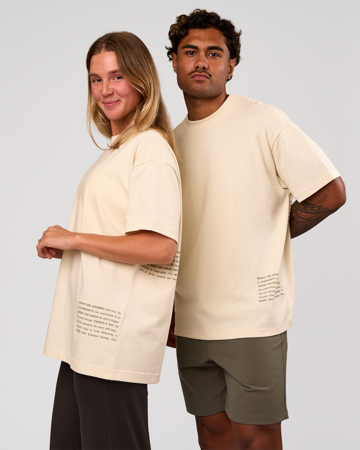 Duo wearing Block Heavyweight Oversized Tee  - Vanilla Bean | Model:Amity | Size:S | Model:Xav | Size:L