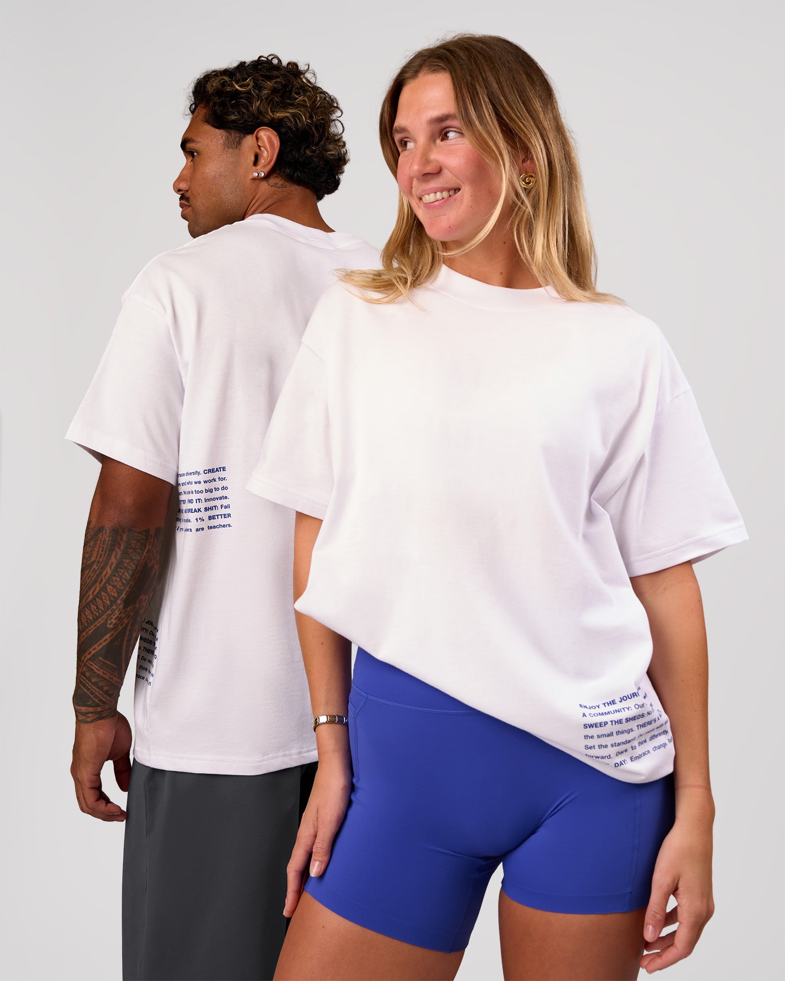 Duo wearing Block Heavyweight Oversized Tee  - White-Power Cobalt | Model:Amity | Size:S | Model:Xav | Size:L