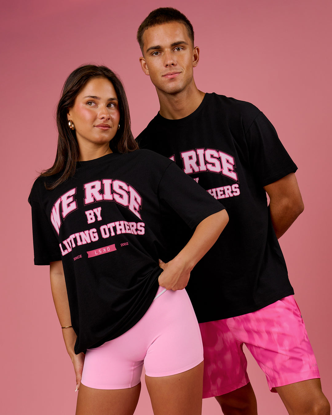 Duo wearing BCAM FLXCotton Graphic Oversized Tee - Black | Model:Bianca | Size:S | Model:Albert | Size:M - view 16