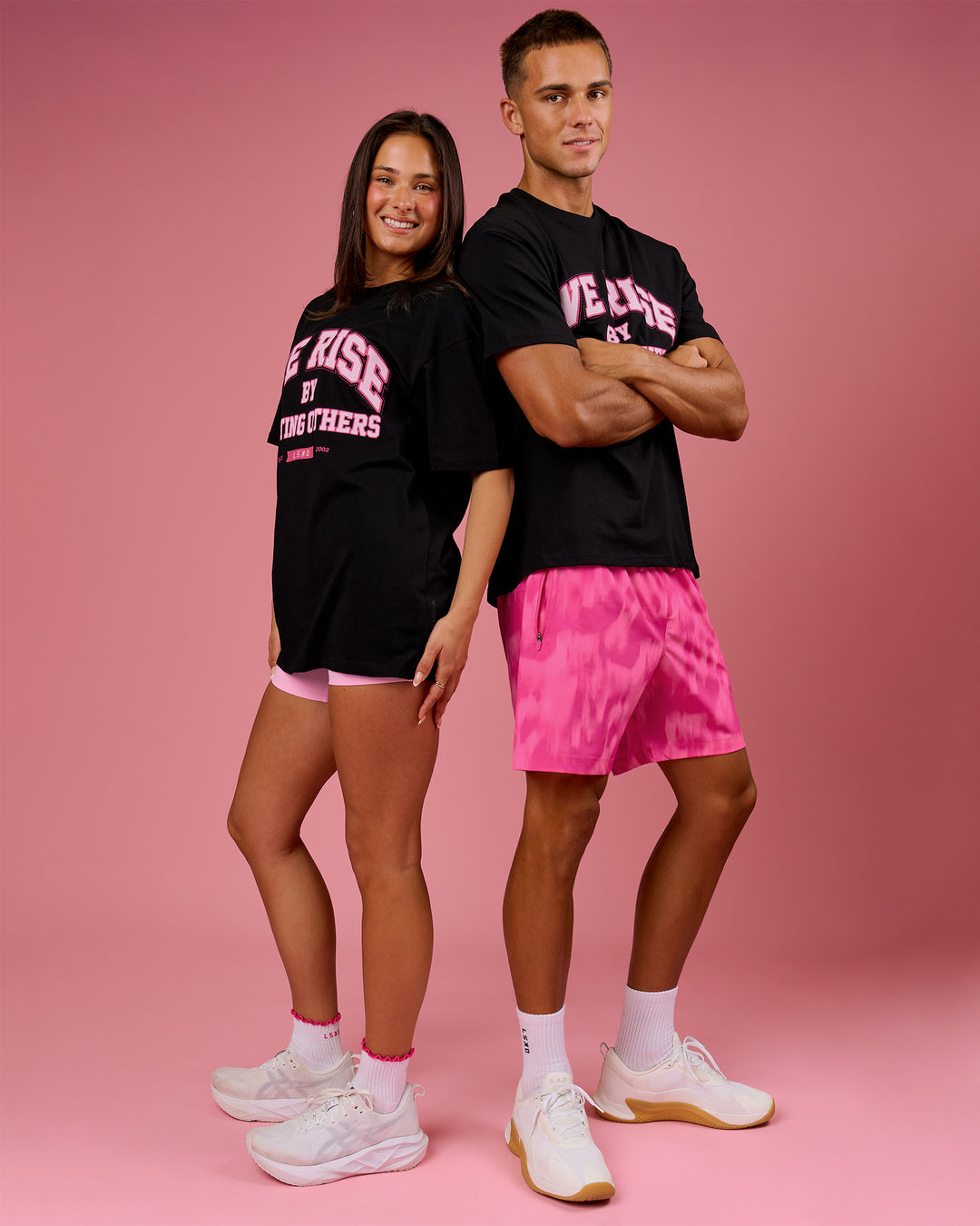 Duo wearing BCAM FLXCotton Graphic Oversized Tee - Black | Model:Bianca | Size:S | Model:Albert | Size:M - view 22