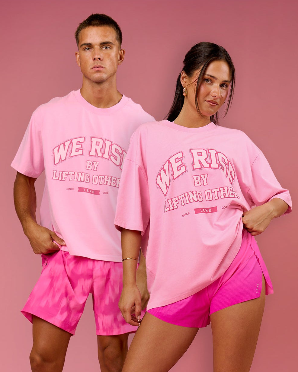 Duo wearing BCAM Heavyweight FLXCotton Graphic Boxed Tee - Pink Rose | Model:Bianca | Size:S | Model:Albert | Size:M - view 1