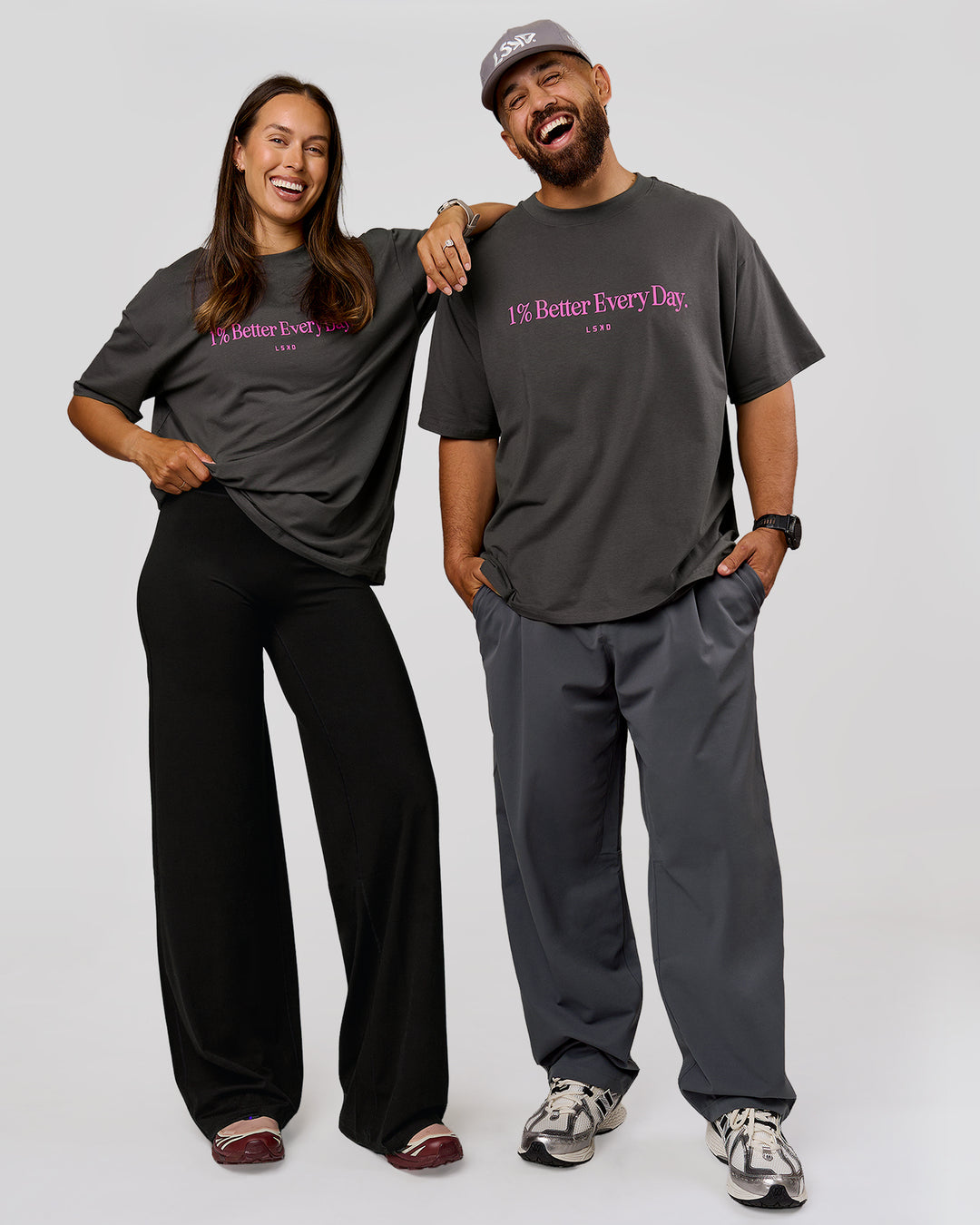 Duo wearing VS6 1% Better Fathers Day FLXCotton Oversized Tee - Dark Storm | Model:Jess | Size:S | Model:Jordan | Size:XL - view 8
