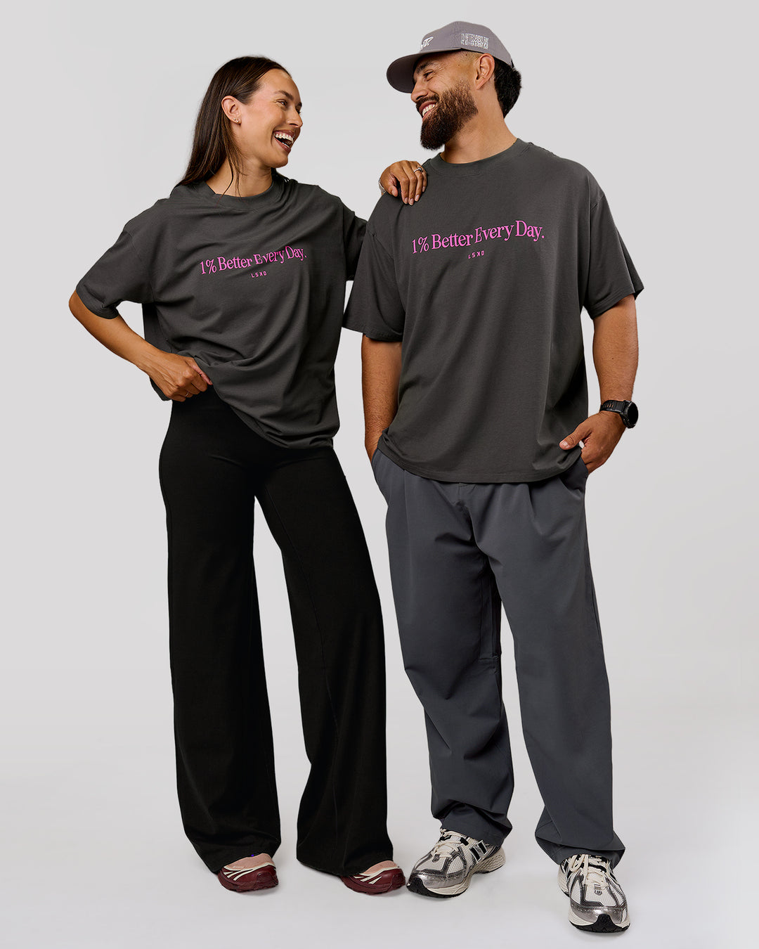 Duo wearing VS6 1% Better Fathers Day FLXCotton Oversized Tee - Dark Storm | Model:Jess | Size:S | Model:Jordan | Size:XL - view 14