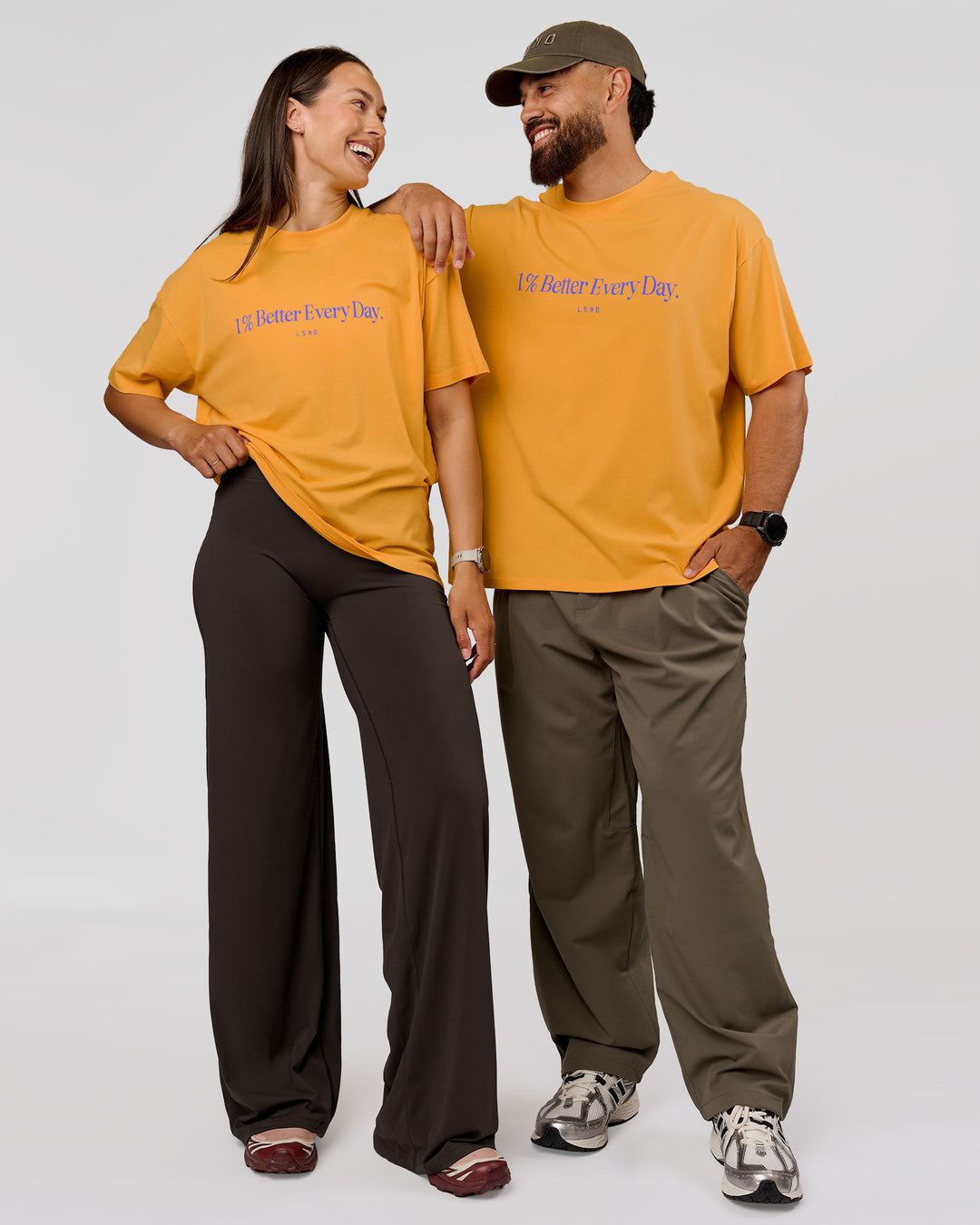 Duo wearing VS6 1% Better Fathers Day FLXCotton Oversized Tee - Warm Apricot | Model:Jess | Size:S | Model:Jordan | Size:XL - view 7