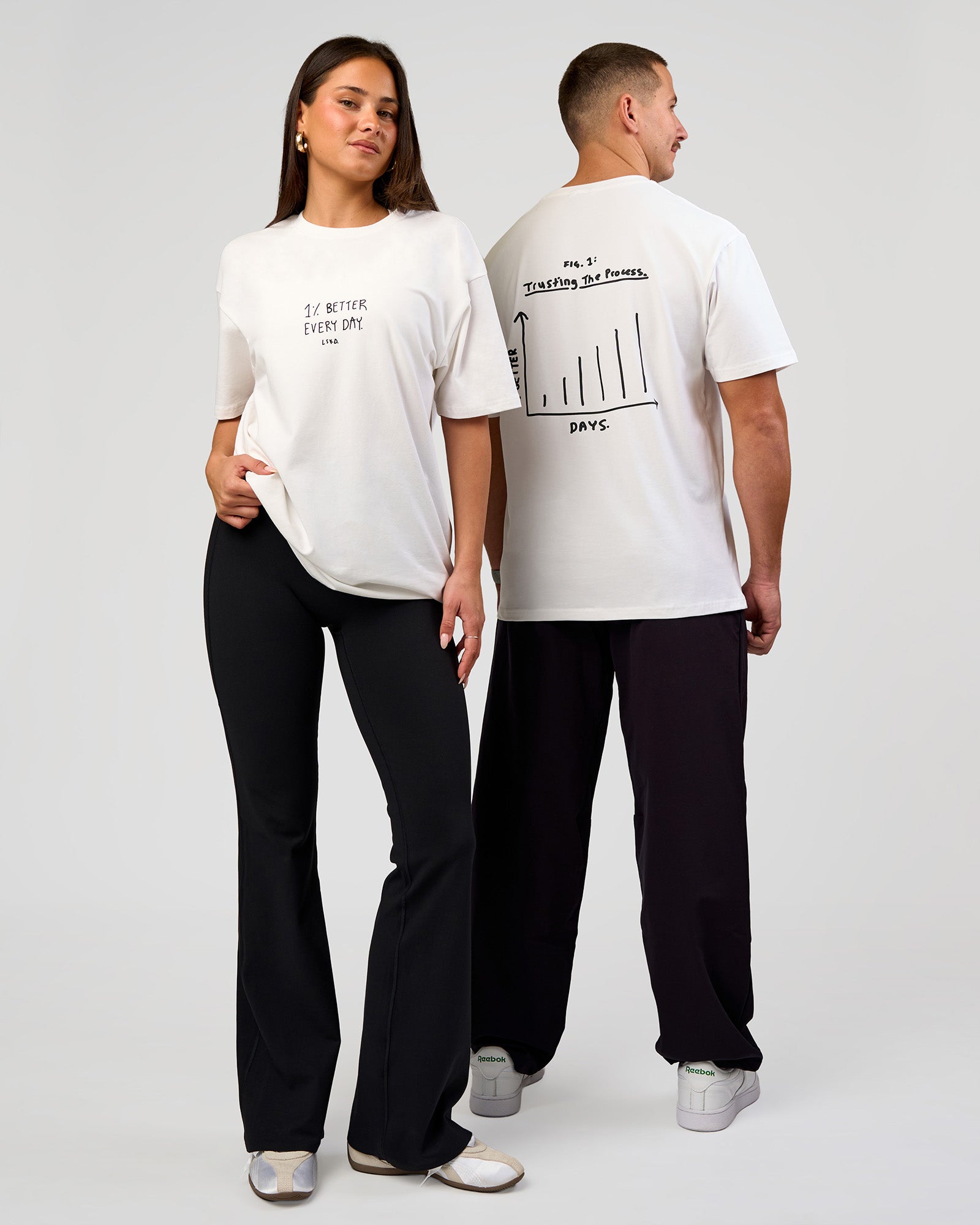 Duo wearing Andrew J. Steel x LSKD Heavyweight FLXCotton Oversized Tee - White | Model:Bianca | Size:XS | Model:Jaiden | Size:L