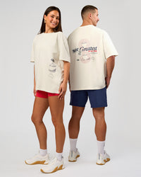 Duo wearing Greatest of All Time Heavyweight FLXCotton Oversized Tee - Off White Washed-Scarlet | Model:Bianca | Size:XS | Model:Jaiden | Size:L | Thumbnail Index: 20