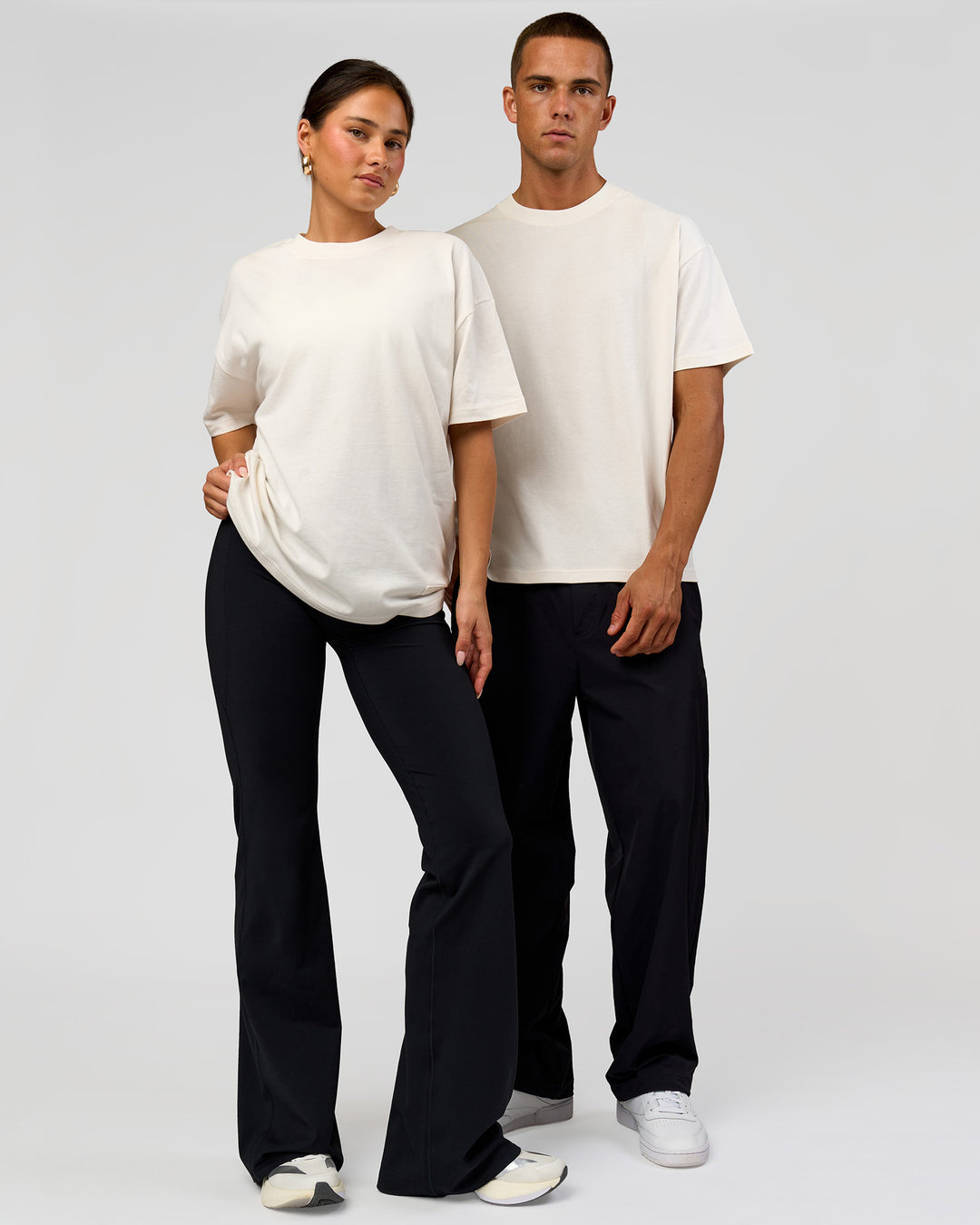 Duo wearing Tonal Legacy Heavyweight Oversized Tee - Off White-Off White | Model:Bianca | Size:XS | Model:Albert | Size:M - view 7