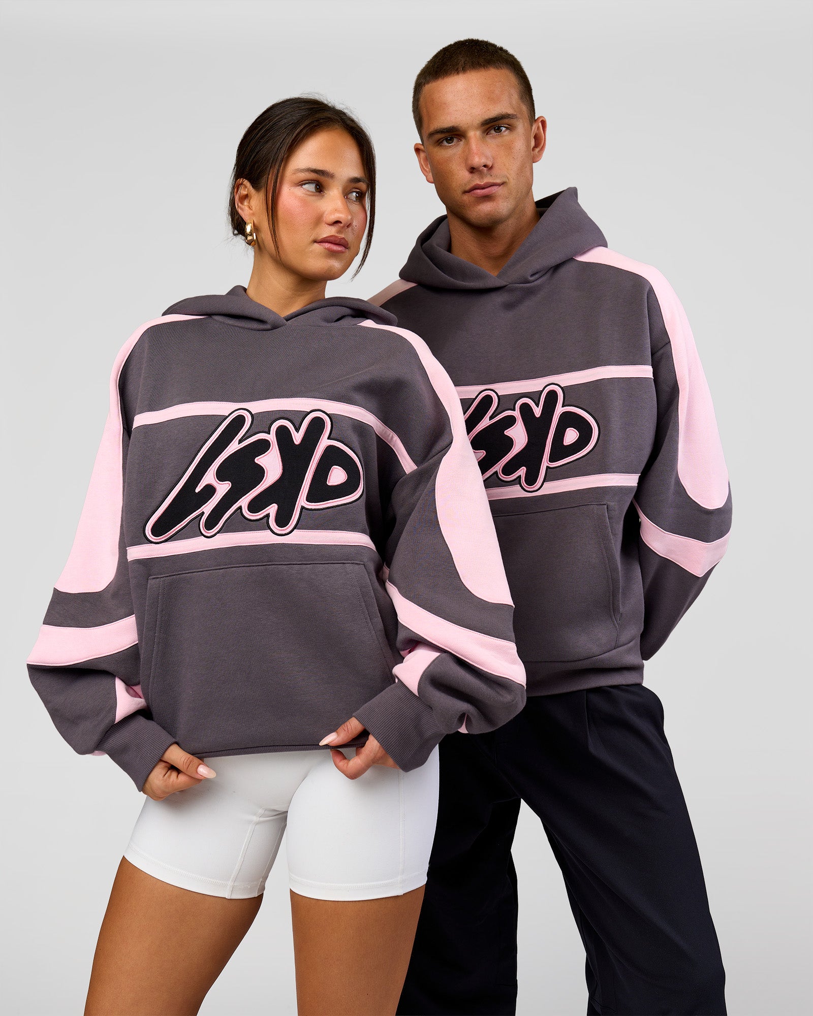 Duo wearing Vibe Oversized Hoodie - Duskstone-Marshmallow | Model:Bianca | Size:XS | Model:Albert | Size:M