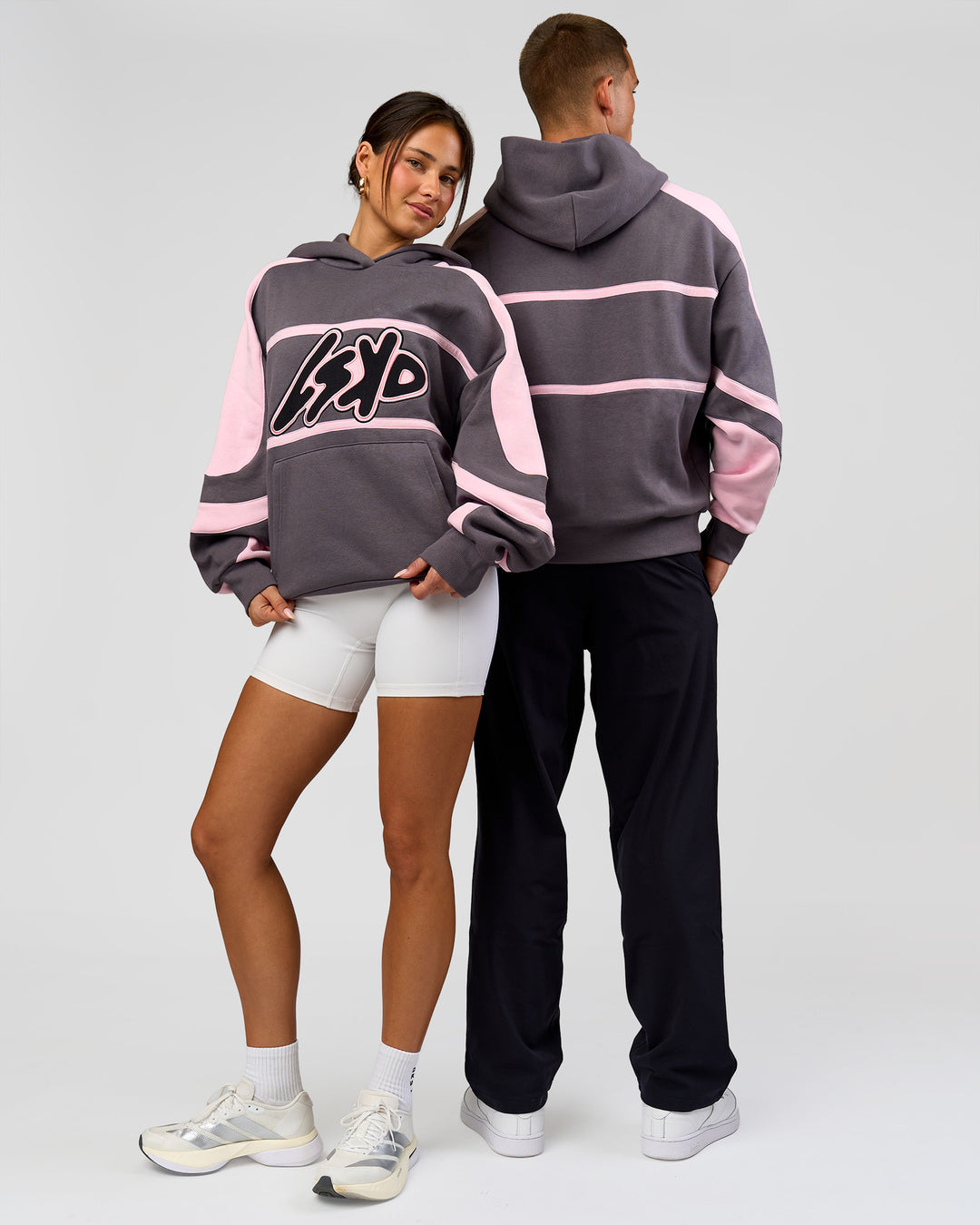 Duo wearing Vibe Oversized Hoodie - Duskstone-Marshmallow | Model:Bianca | Size:XS | Model:Albert | Size:M - view 4