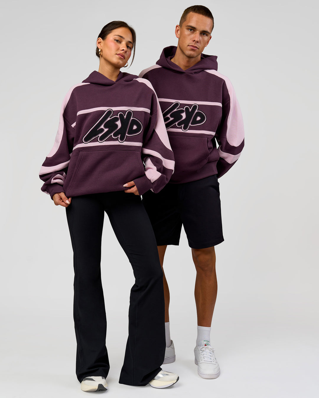 Duo wearing Vibe Oversized Hoodie - Midnight Plum-Marshmallow | Model:Bianca | Size:XS | Model:Albert | Size:M - view 6