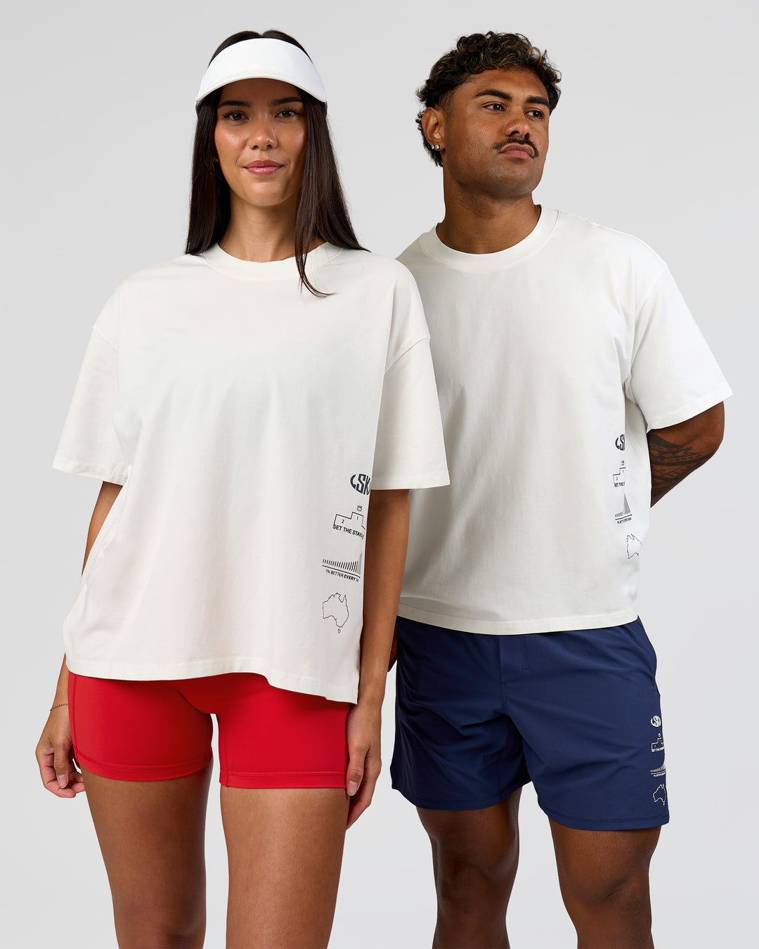 Duo wearing Greatest of All Time Heavyweight FLXCotton Boxed Tee - Off White Washed | Model:Rhiley| Size:XS | Model:Xav | Size:L - view 3