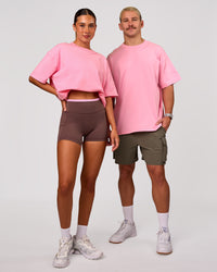 Duo wearing Bree Heavyweight Oversized Tee - Pink Rose | Model:Charli | Size:XS | Model:Jaiden | Size:L | Thumbnail Index: 0