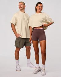 Duo wearing Bree Heavyweight Oversized Tee - Vanilla Bean | Model:Charli | Size:XS | Model:Jaiden | Size:L | Thumbnail Index: 0