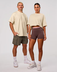 Duo wearing Bree Heavyweight Oversized Tee - Vanilla Bean | Model:Charli | Size:XS | Model:Jaiden | Size:L | Thumbnail Index: 1