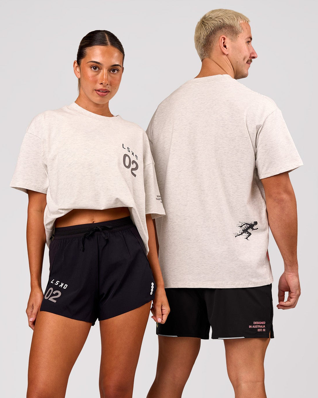 Duo wearing Hybrid Elements Heavyweight FLXCotton Oversized Tee  - Silver Marl | Model:Charli | Size:XS | Model:Jaiden | Size:L