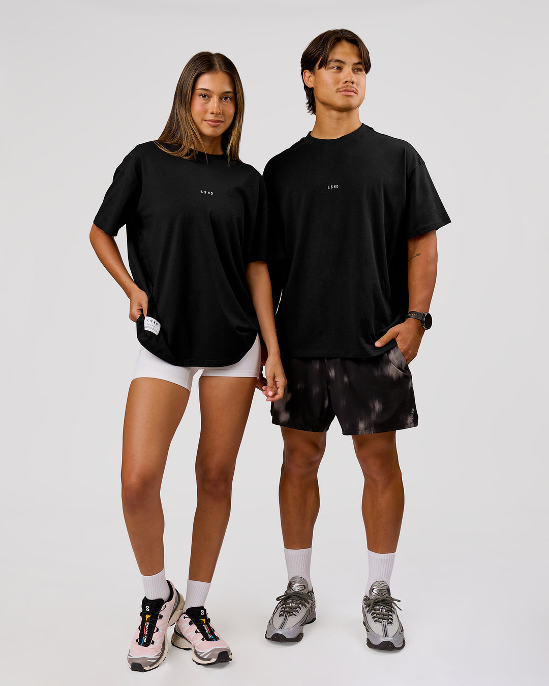 Duo wearing VS26 Journey FLXCotton Oversize Tee - Black-White | Model:Charli | Size:XS | Model:George | Size:M - view 4