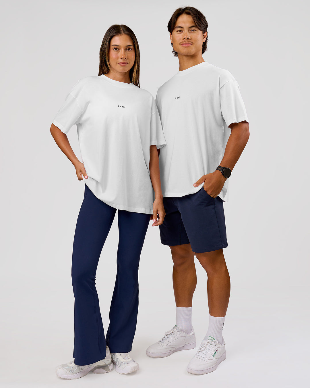 Duo wearing VS26 Journey FLXCotton Oversize Tee - White-Black | Model:Charli | Size:XS | Model:Journey | Size:VS26 - view 7