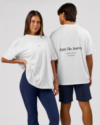 Duo wearing VS26 Journey FLXCotton Oversize Tee - White-Black | Model:Charli | Size:XS | Model:Journey | Size:VS26 | Thumbnail Index: 9