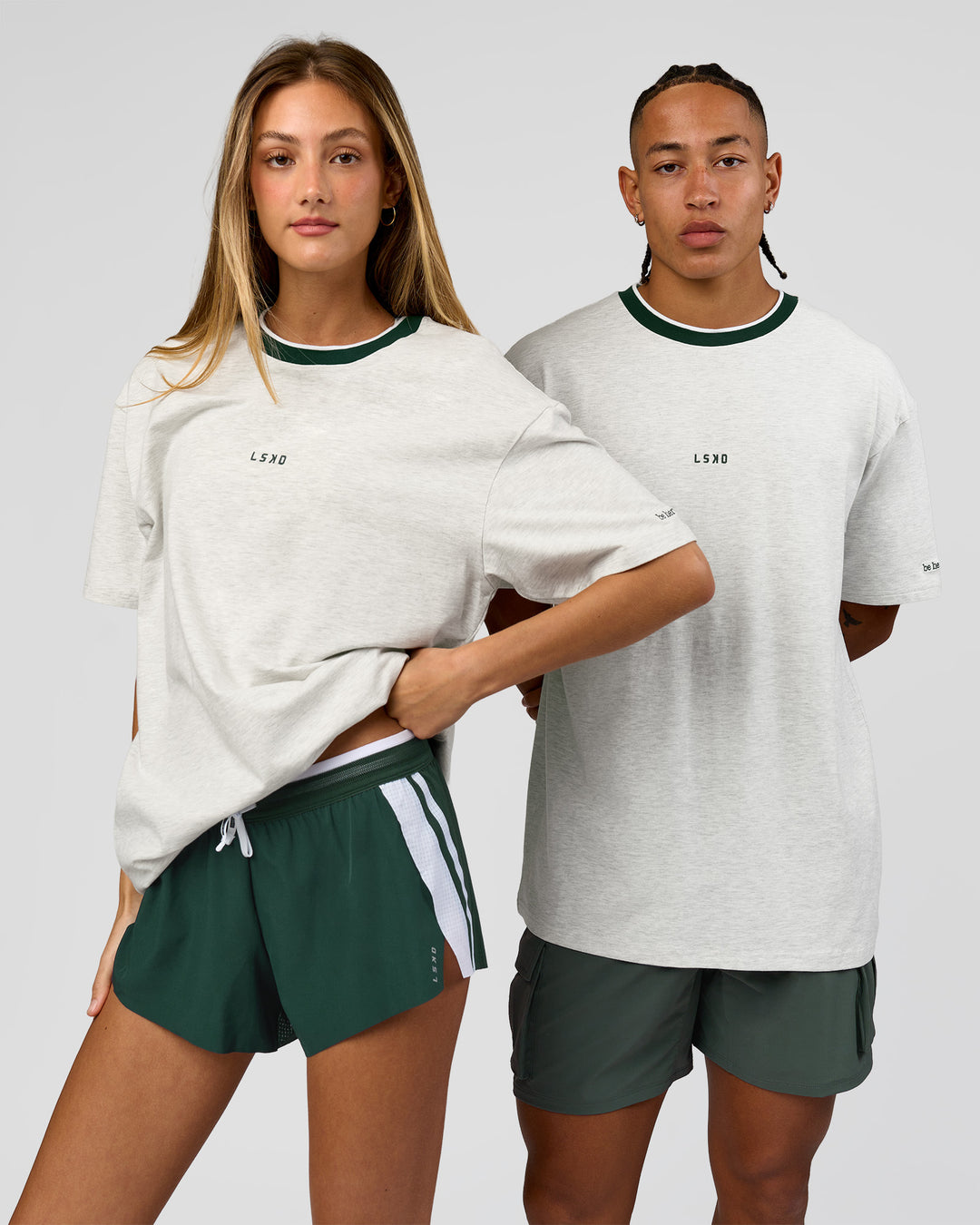 Duo wearing Be Here Now Heavyweight FLXCotton Tee Oversize - Silver Marl-Midnight Green | Model:Georgia | Size:XS | Model:Malebo | Size:M - view 1