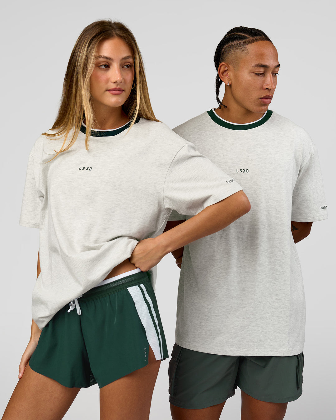 Duo wearing Be Here Now Heavyweight FLXCotton Tee Oversize - Silver Marl-Midnight Green | Model:Georgia | Size:XS | Model:Malebo | Size:M - view 2