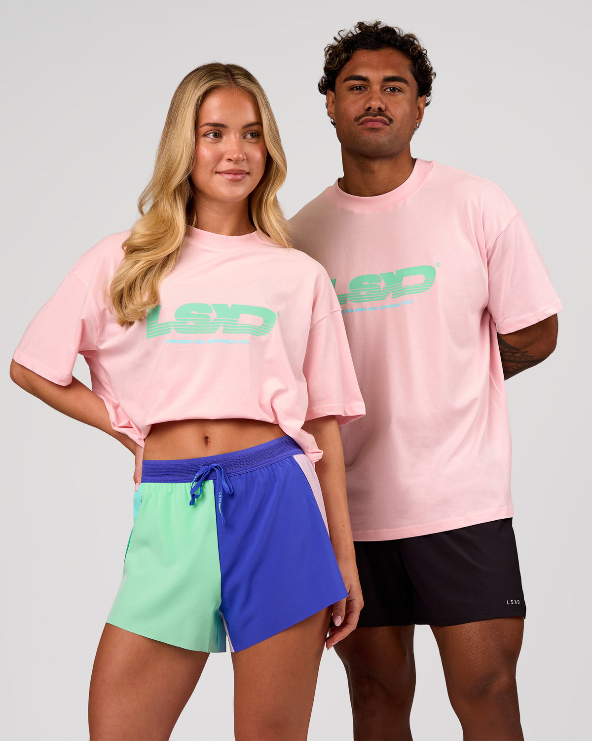 Duo wearing Sideline FLXCotton Oversized Tee - Marshmallow-Jelly Mint | Model:Issy | Size:XS | Model:Xav | Size:L - view 2