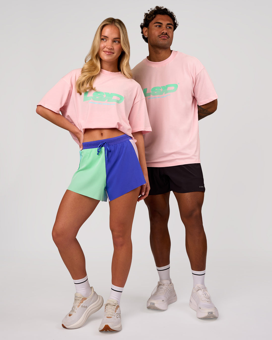 Duo wearing Sideline FLXCotton Oversized Tee - Marshmallow-Jelly Mint | Model:Issy | Size:XS | Model:Xav | Size:L - view 6