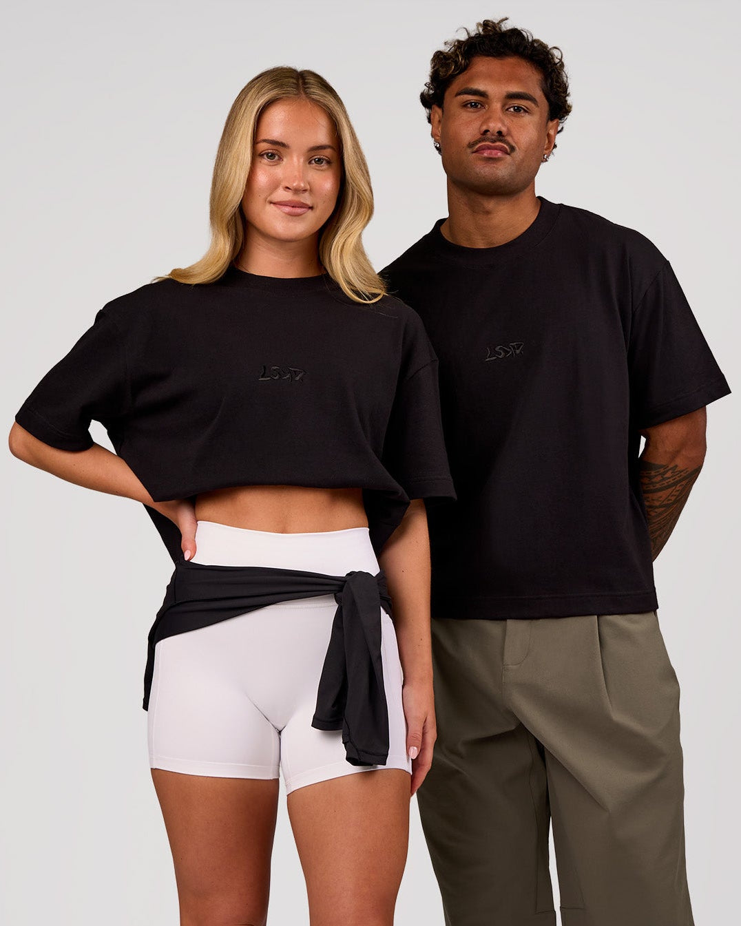 Duo wearing Progression Super Heavyweight Boxed Tee - Black-Black | Model:Issy | Size:XS | Model:Xav | Size:L - view 1