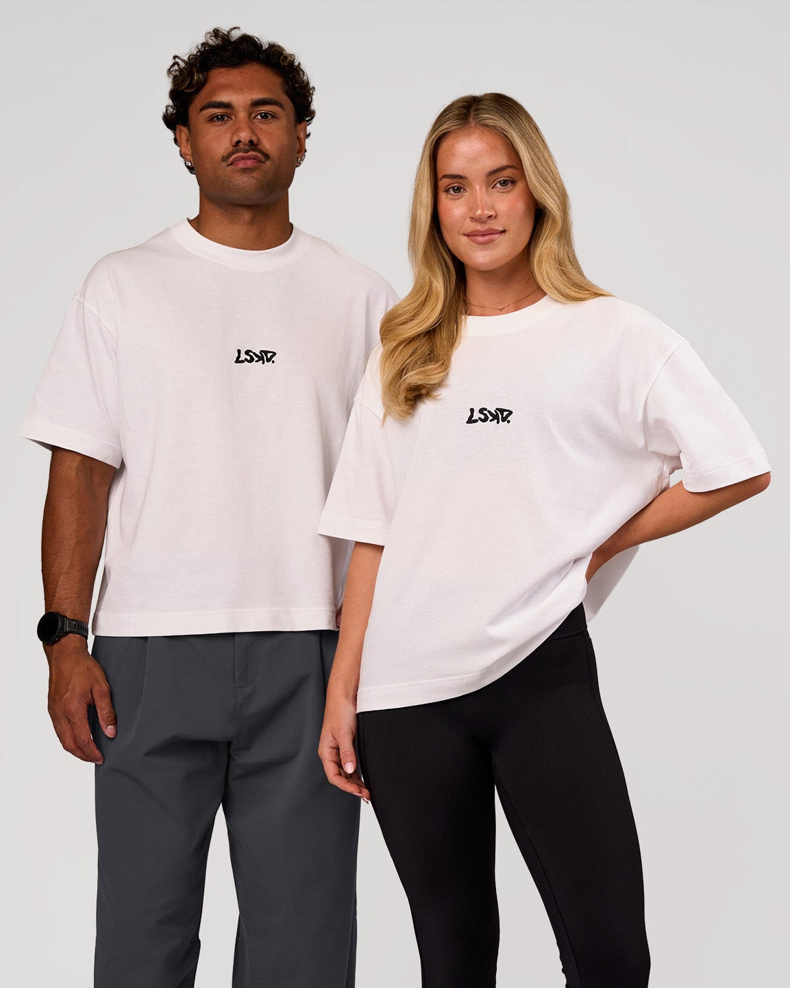 Duo wearing Progression Super Heavyweight Boxed Tee - White-Black | Model:Issy | Size:XS | Model:Xav | Size:L