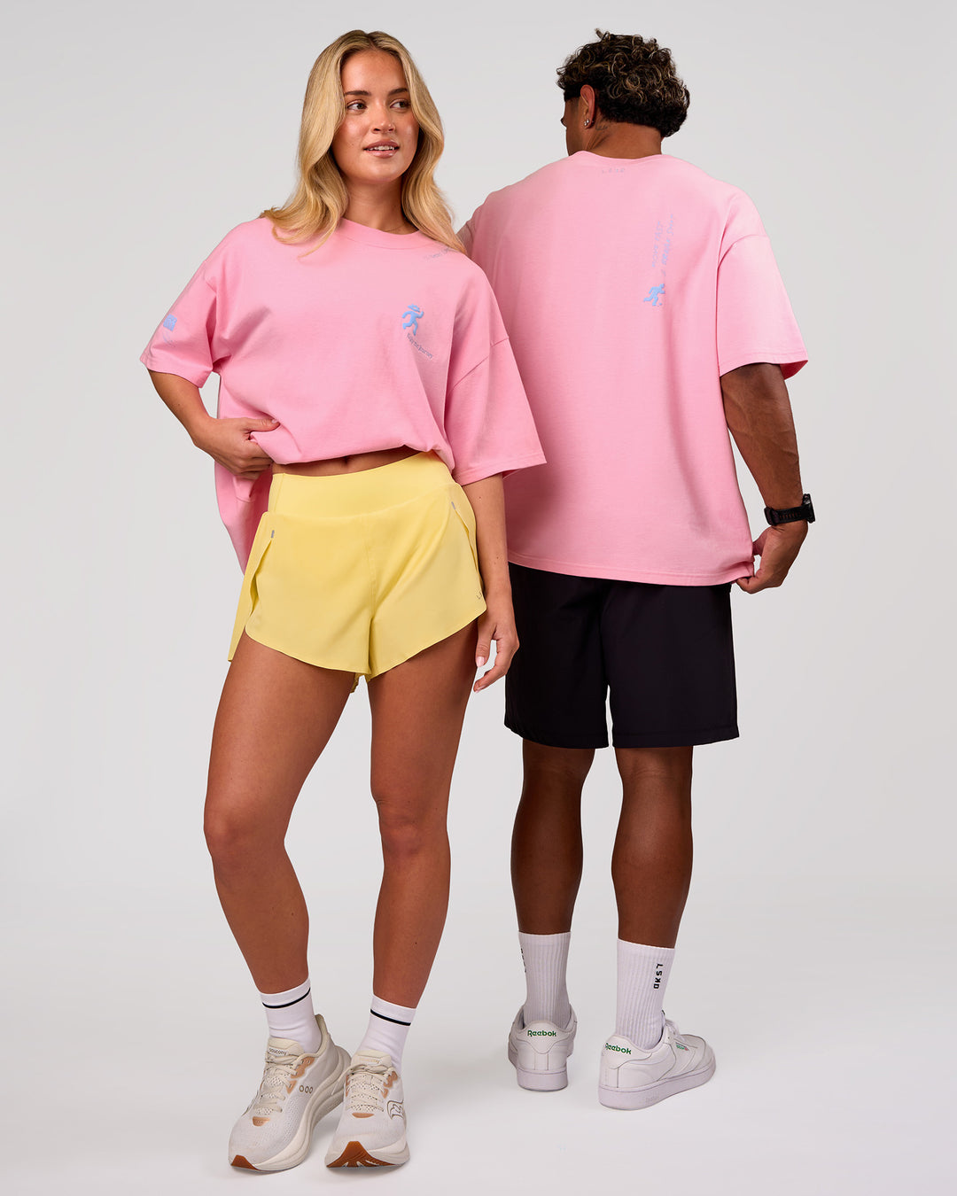 Duo wearing Values Manifesto Heavyweight Oversized Tee  - Pink Rose-Open Air | Model:Issy | Size:XS | Model:Xav | Size:L - view 4