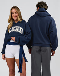 Duo wearing Varsity Boxy Hoodie - Future Navy-White | Model:Issy | Size:XS | Model:Xav | Size:L | Thumbnail Index: 10