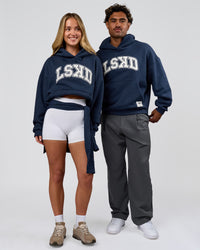 Duo wearing Varsity Boxy Hoodie - Future Navy-White | Model:Issy | Size:XS | Model:Xav | Size:L | Thumbnail Index: 12