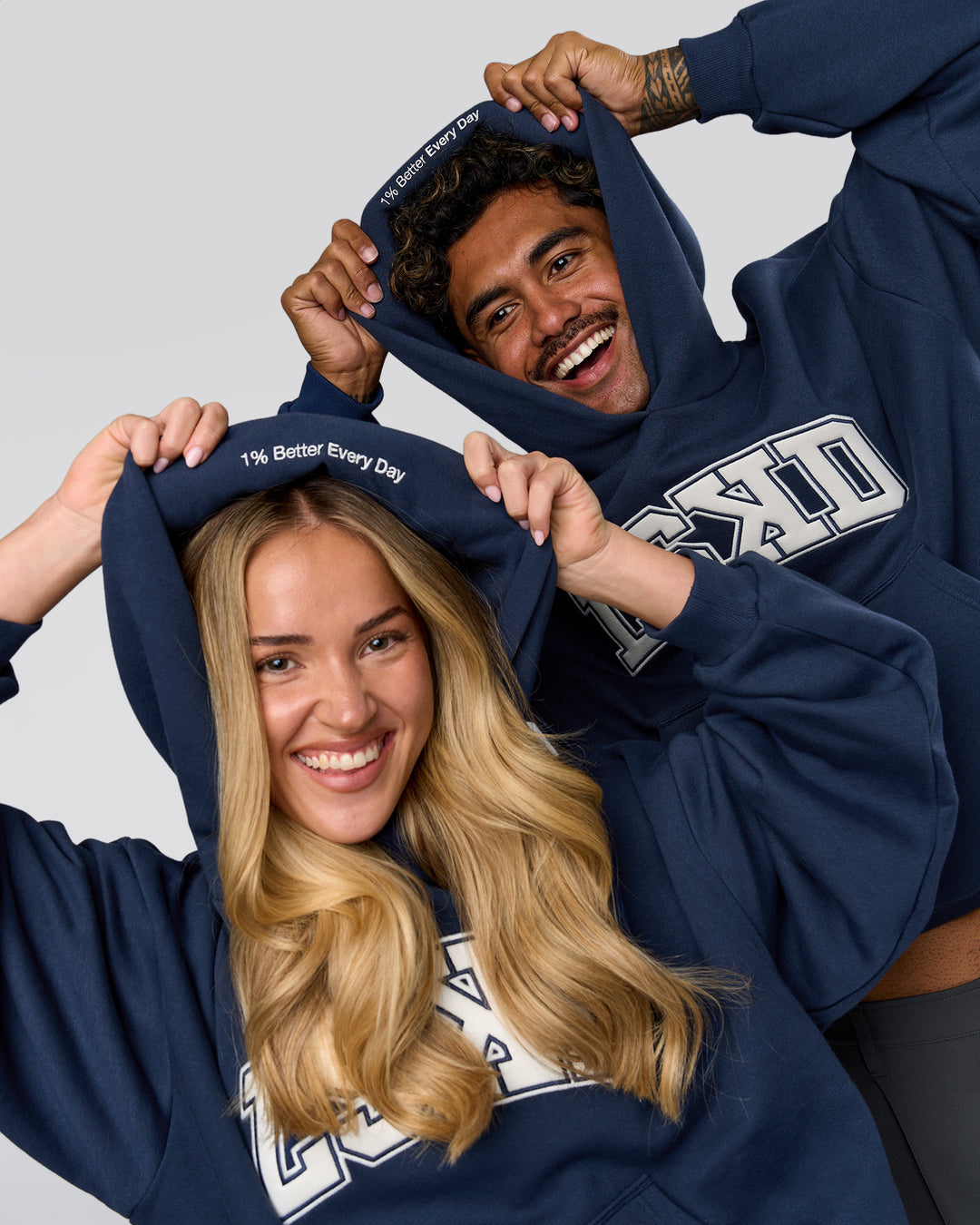 Duo wearing Varsity Boxy Hoodie - Future Navy-White | Model:Issy | Size:XS | Model:Xav | Size:L - view 12