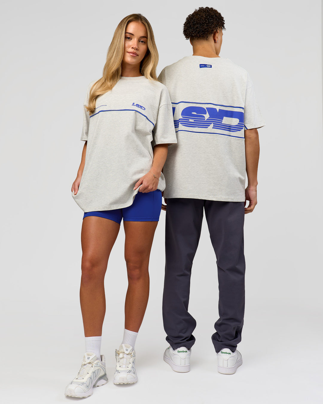 Duo wearing Inline Heavyweight FLXCotton Oversized Tee - Silver Marl-Power Cobalt | Model:Issy | Size:XS | Model:Leandro | Size:M - view 3