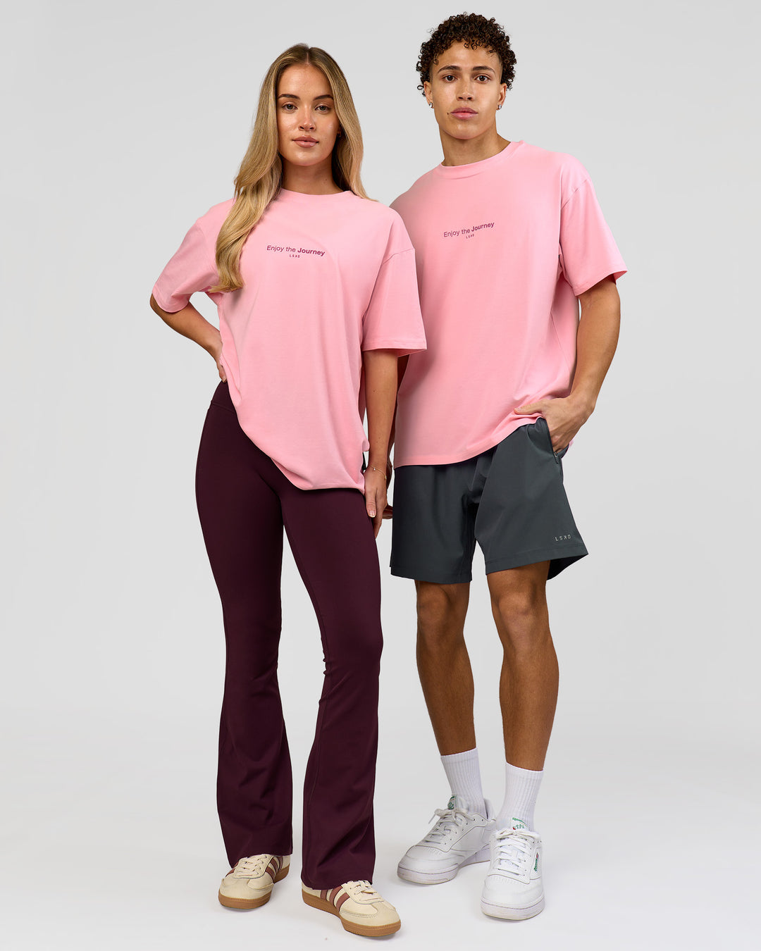 Duo wearing VS1 Enjoy The Journey FLXCotton Oversize Tee - Pink Rose | Model:Issy | Size:XS | Model:Leandro | Size:M - view 4