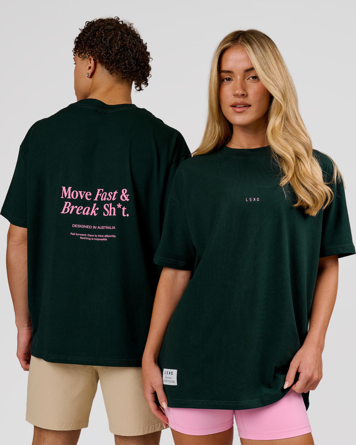 Duo wearing VS26 MFBS FLXCotton Oversize Tee - Midnight Green-Pink Rose | Model:Issy | Size:XS | Model:Leandro | Size:M - view 1