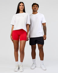Duo wearing Dare To Think FLXCotton Tee Oversize - White-Scarlet | Model:Rhiley | Size:XS | Model:Xav | Size:L | Thumbnail Index: 6