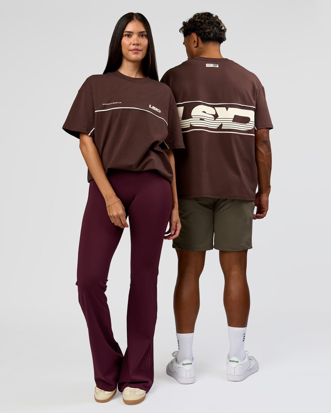 Duo wearing Inline Heavyweight FLXCotton Oversized Tee - Hot Chocolate-Off White | Model:Rhiley | Size:XS | Model:Xav | Size:L - view 11