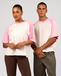 Duo wearing Victory Heavyweight Boxed Raglan Tee - Off White-Pink Rose | Model:Rosie | Size:XS | Model:Albert | Size:M | Thumbnail Index: 0