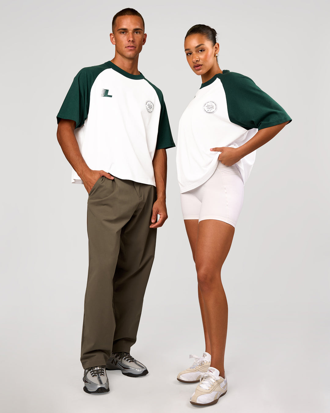 Duo wearing Victory Heavyweight Boxed Raglan Tee - White-Midnight Green | Model:Rosie | Size:XS | Model:Albert | Size:M - view 7